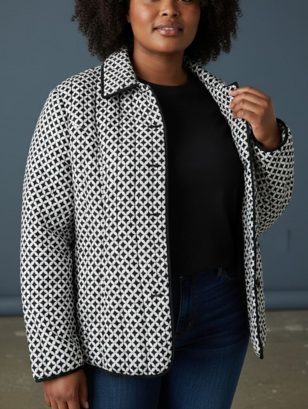 ANNE CARSON 100% Silk Quilted Jacket Black White Geometric Art To Wear Medium